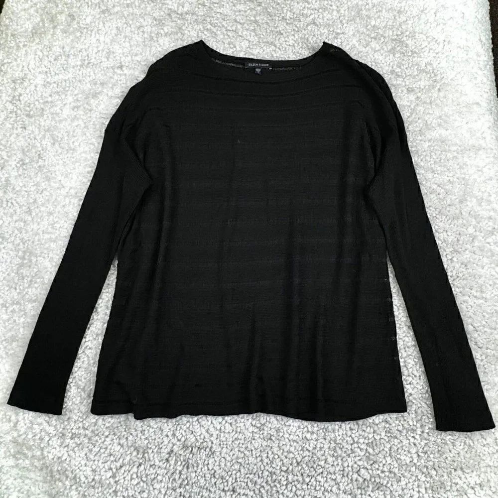 Eileen Fisher Black Viscose Sheer Oversized Lightweight Sweater